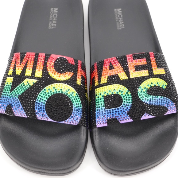 New Michael Kors 7 Gilmore Embellished Slide Sandals Black Multi - Picture 10 of 16